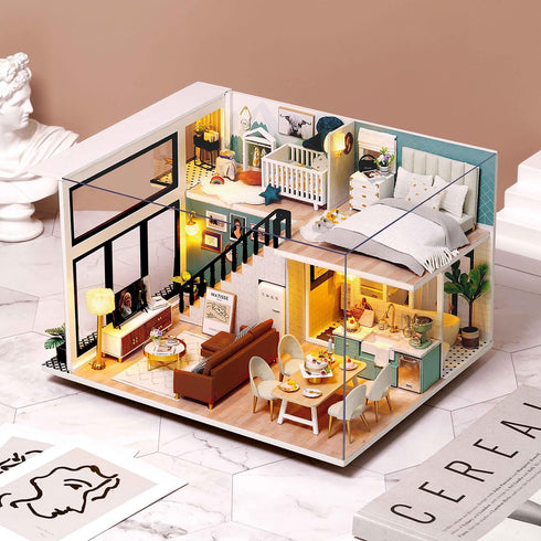 TuKIIE DIY Miniature Dollhouse Kit with Furniture - 1:24 Scale Creative Room Mini Wooden Doll House Accessories