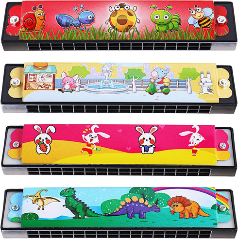 UPINS Harmonica for Kids Adults Beginners, Bulk 4Pcs Cartoon Printed Key of C 16 Hole Harmonica Toy