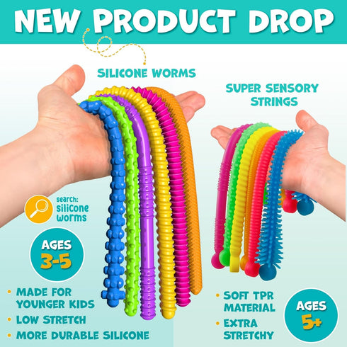 3+ 6 Pack BUNMO Stretchy Strings - Stimulating & Fun Fidget Toys for Kids - Hours of Fun - Non-Mouthable Toy - Super