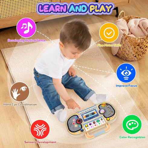 Ansee 2 Busy Board Montessori Toys for Toddlers, Wooden Sensory Toys with LED Light, Switches, Music, Labyrinth, Adjust