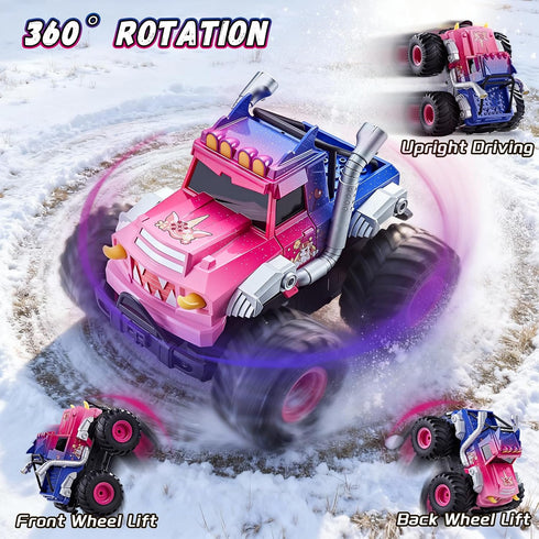 YEESWOOQI 360Spin, 1:18 4WD 3-12 Remote Control Car for Girls, Waterproof Pink Monster Truck Toys W/Blocks & Amphibious