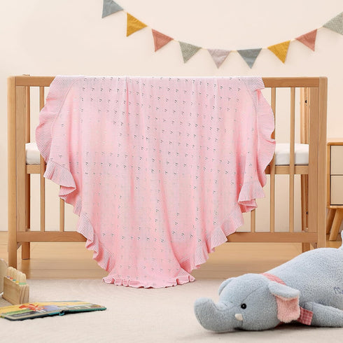 40 31 Inches Cozy Ruffle Cotton Pointelle Knitted Baby Blanket, x Soft Newborn Swaddle Blanket for Girls, Crib Stroller