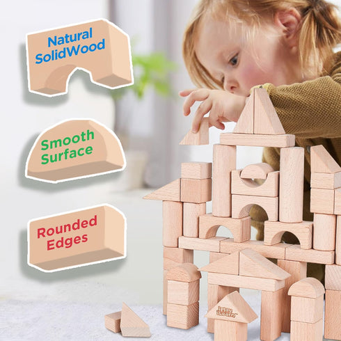 iPlay, iLearn Kid Wooden Building Block Set, Toddler Natural Wood Montessori Learning Toy, Large Hardwood Blocks