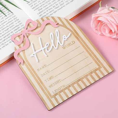 QFGasre 6.9 Inch 3D Wooden Hello Worlds Newborn Signs Baby Announcement Sign Pink Bows Birth Announcement Sign
