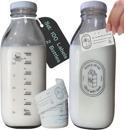 Breast Milk Pitcher with Lid- Set of 2 & Labels-32oz Airtight Leakproof