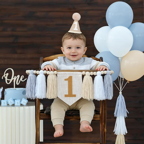 1st First Birthday High Chair Banner Decorations For Boy Birthday Hat With One Cake Topper Photo Backdrop