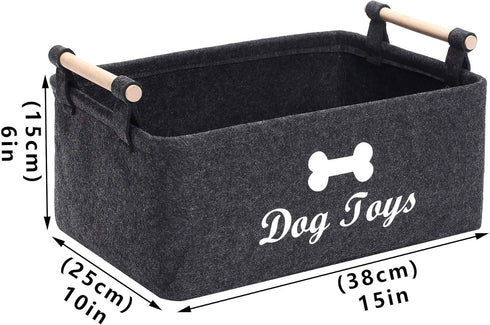 Geyecete Dog Toys Storage Bins with Wooden Handle, Collapsible Pet Supplies Storage Basket (DOG-Dark Grey)