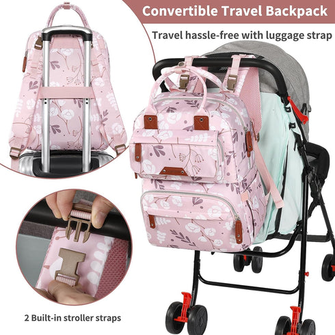 Backpack Diaper Bag for Baby Girl, Multifunction Waterproof Diaper Bag for Mom Dad, Large Pink Floral Baby Diaper Bags
