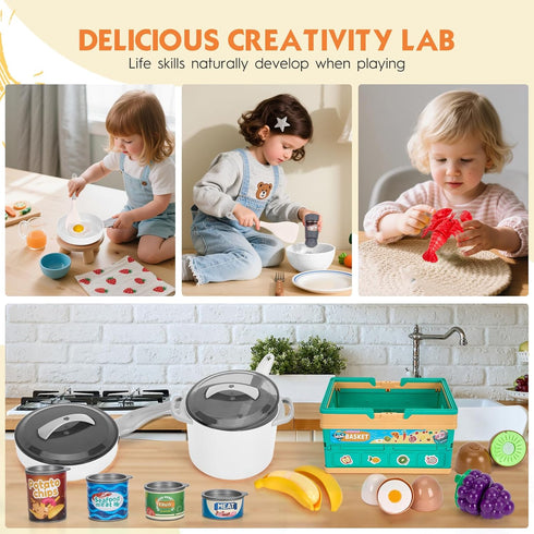 Funpynani 80Pcs Playset, Kitchen Toddler Pretend Cooking with Pots, Pans, Cookware, Food, Picnic Blanket, Fruits