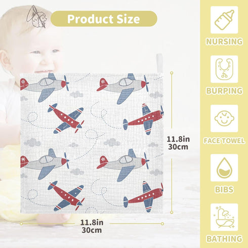 Burbuja 12x12 3 Pack Cartoon Airplane Baby Washcloths - Muslin Cotton Soft Absorbent Baby Towel for Newborn Baby