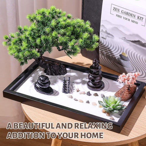 Set Zen Garden Kit for Desk Decor - Premium Beautiful Japanese Mini Sand Box Home, Office with Black Wooden Tray, White