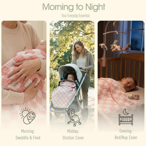 (1-Pack) Ultra-Soft Muslin Baby Blanket - Swaddle & Crib for Girls, Pink Checkered