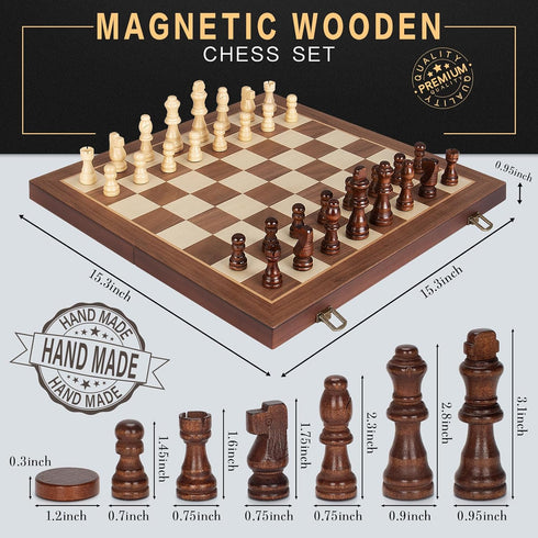 2 1 Set, 15" 2 Sets Set in Magnetic Wooden Chess and Checkers Board Game Folding Chess Boards with Extra Queens