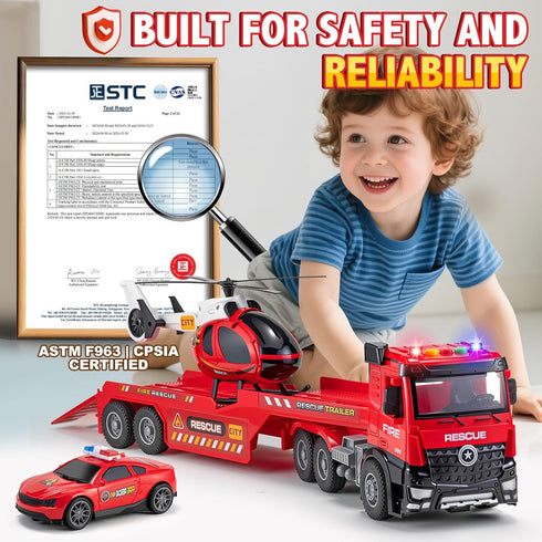 3 4 5 6 22" Fire Truck Toys for Toddler Boy Year Old, Carrier Truck Toy with Racing Car and Helicopter, Big Firetruck