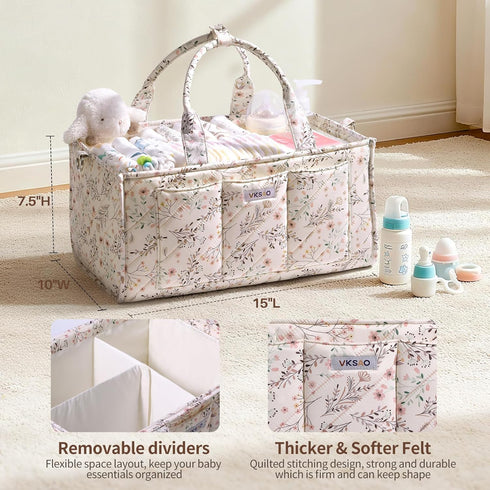 VKSAO Baby Essentials Cute Floral Diaper Caddy Organizer Portable Storage Basket with Shoulder Strap & Stroller Hooks