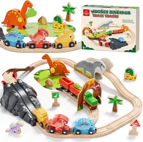 Set Set 2-4, Playset 3 4 5 6 Lehoo Castle Wooden Train - Dinosaur Train for Toddlers Wooden Train Track Railway Toys