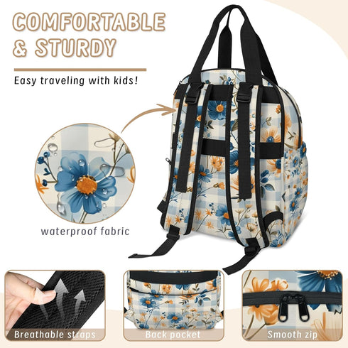 Shoblo Backpack Checkered Background Flowers Diaper Bag for Travel, Waterproof Diaper Bag with Insulated Bottle Pockets