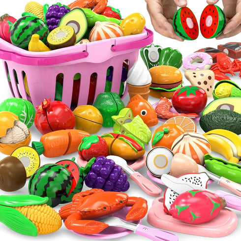 JASNKKONT 94 Pcs Cutting Play Food Set for Kid Kitchen (45 Items), Pretend