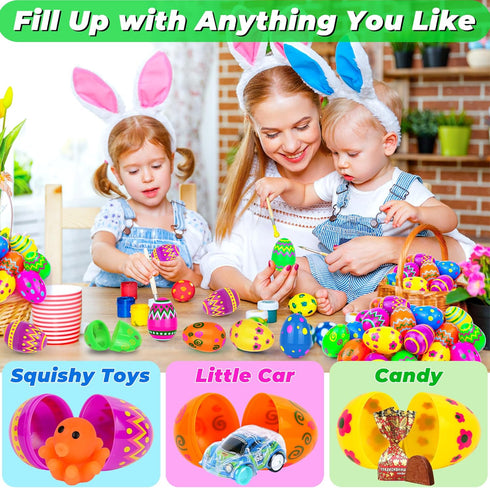 60 Pack 2.4 Inch Plastic Printed Easter Eggs, Fillable Empty Eggs Bulks for Easter Eggs Hunt, Easter Basket Stuffers