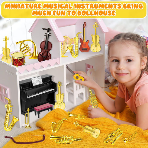 Dollhouse Musical Instruments, Miniature Violin Guitar Piano Drum Trumpet Figurine Ornament for Mini House