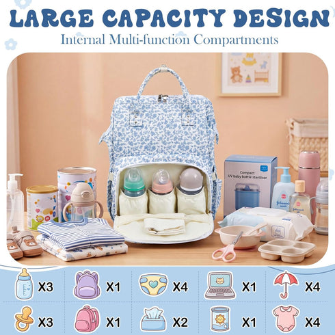 Sunnymove Backpack Backpack Blue Corduroy Floral Diaper Bag for Mom Large Capacity Multifunction Travel for Women, Cute
