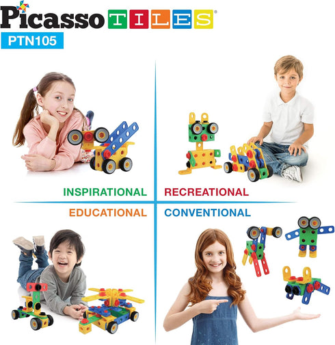 Picasso Toys STEM Learning Toys 105 Piece Building Block Set, Kids Construction Engineering Kit with IdeaBook