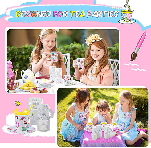24 Set 8 oz Lenwen Color Your Own Tea Party Cups with Handle, DIY Coloring Treat Paper Cups and Plates Snack Dessert