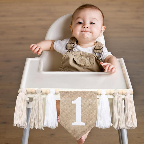 1st 1st BOOMPA White Birthday High Chair Banner - Wood Bead Tassel Garland - Pure Angel Birthday Photo Backdrop - Wall