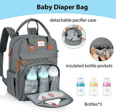 Backpack, Pack LANDICI Diaper Bag Multifunction Baby Diaper Bags with Changing Pad, Stroller Straps & Pacifier Case