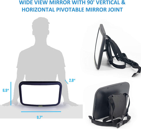 Baby Carseat Mirror for Child - Car Seat Mirrors Rear Facing Infant - Two Headrest Straps Wide View Shatterproof Fully Assembled Adjustable - Acrylic Convex Safely Monitor Newborn Toddler by Sunferno