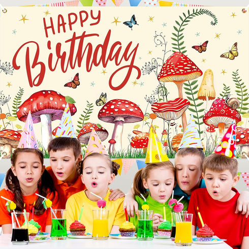 Mushroom Birthday Party Decorations, Mushroom Birthday Banner Backdrop Wildflower Party Banner Photo Photography