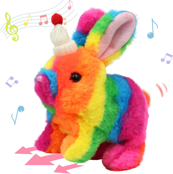 Hopearl Interactive Electronic Hopping Rabbit Toy with Hat, Plush Bunny with Sounds and Movements, 7'' Rainbow Gift for