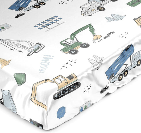 Sweet Jojo Designs Green Blue Construction Truck Boy Baby Satin Fitted Crib