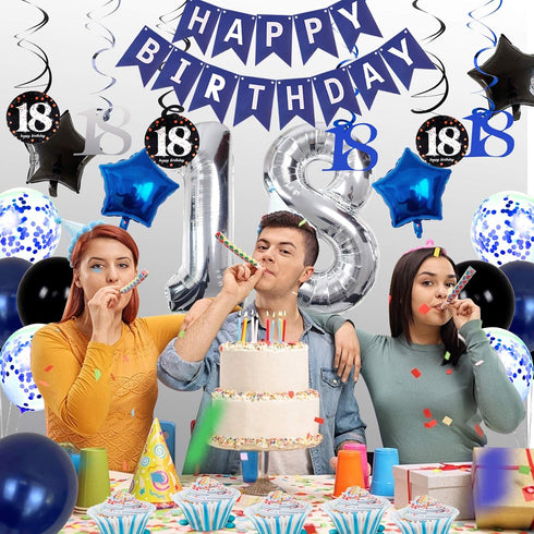 18th Birthday Decorations for Boys and Girls, Dark Blue HAPPY BIRTHDAY Banner, Silver Number 18 Balloons Party Supplies