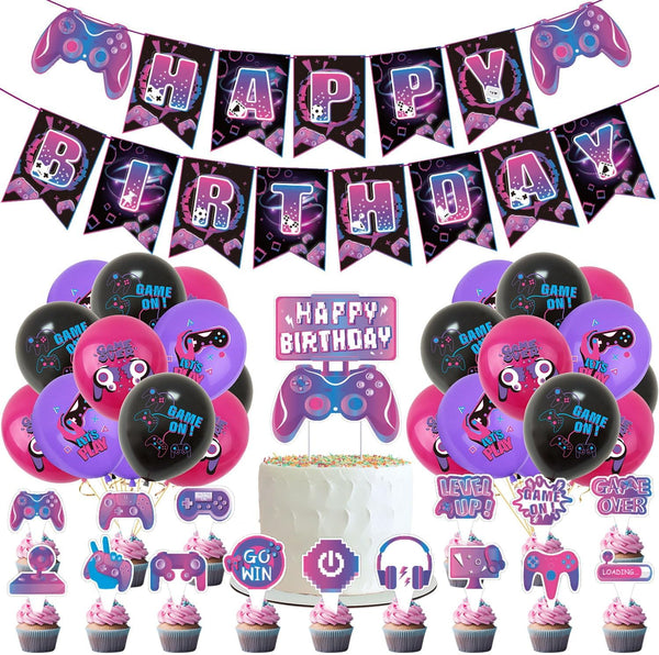 Video Game Birthday Party Decoration Set, Purple Game Supplies, Includes Birthday Banner and Balloon