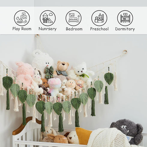Hammock Pretty Jolly Stuffed Animal Storage with Hand Woven Leaf Tassels Corner Hanging Net Boho Macrame Plush Storage