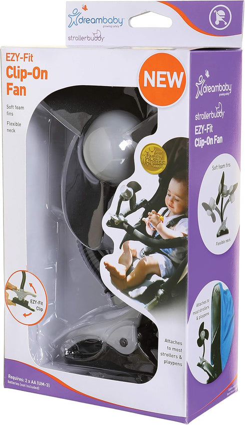 Dreambaby Deluxe EZY-Fit Clip on Fan - Soft Fins for Strollers, Cribs, Wheelchairs, Beach, Pool, Black/Grey