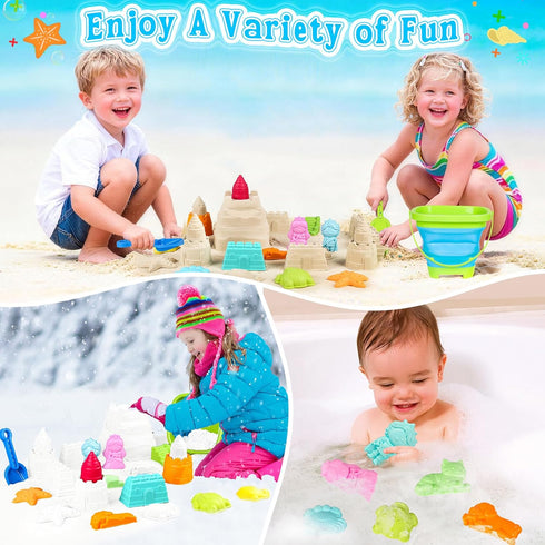 Set 3-10 Collapsible Beach Toys for Kids Toddlers, Foldable Sand Bucket and Shovels with Mesh Bag & Sand Castle