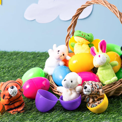 36 JOYIN Pcs Pre-Filled Easter Eggs Filled with Animal Finger Puppets for Kids Toddlers Easter Egg Hunt, Basket