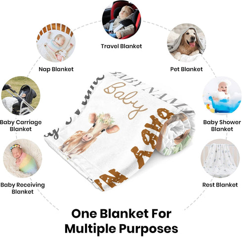 Novusopt Monogrammed Personalized Baby Blanket for Boys Cow Receiving Blanket Customized Soft Flannel