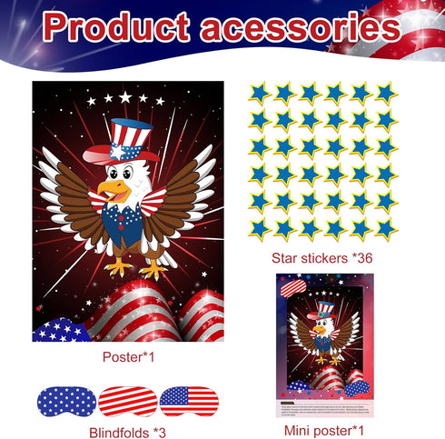 ASTARON Pin The Star on The Eagle, Patriotic Party Game for 4th of July, Poster with Stickers & Blindfolds