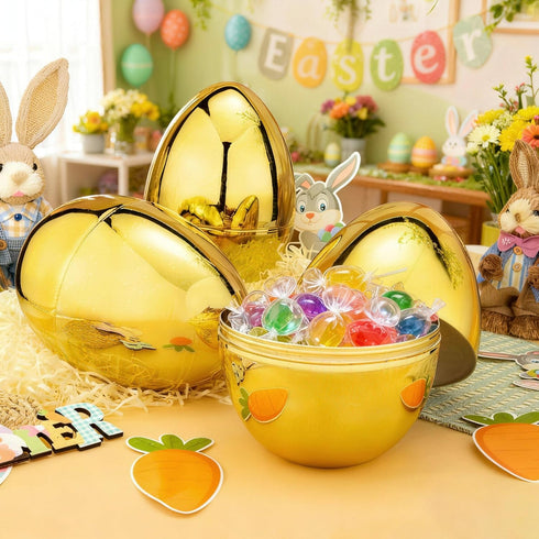 6 10'' JOYIN Pcs Gold Jumbo Easter Eggs, Fillable Metallic Large Plastic Eggs for Easter Themed Hunt Basket Stuffers