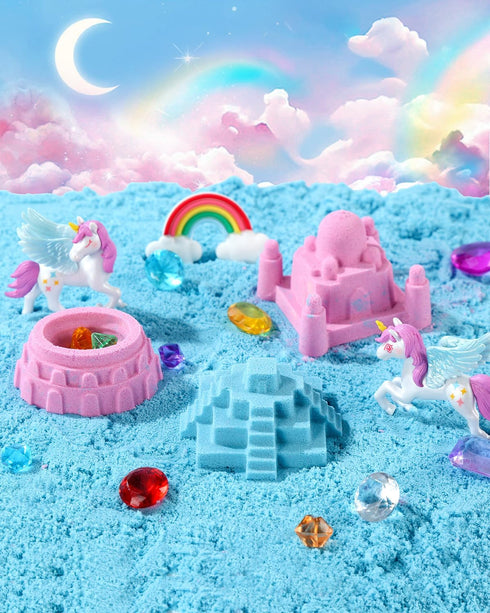 sikmcle 3-8 Unicorn Sensory Bin Play Sand Kit for Girls Moulds Toddler Sand Art Kit with Sandbox for Kids for Toddlers