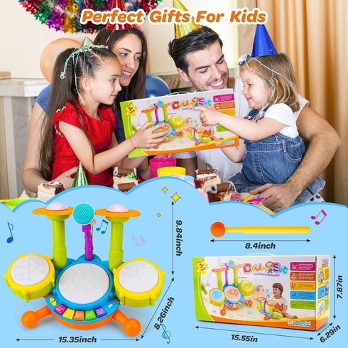 Kids Drum Set for Toddlers 1-3, Musical Baby Toys for 1 Year Old Boy, Learning Toys with Microphone and Light