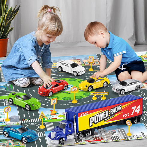 Toddler Car Toys for Boys Ages 3-6, Die Cast Racing Car Toys Set with Play Mat Gift for Kids