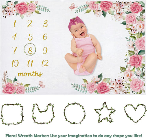 Yokakio 60" 40" Baby Monthly Milestone Blanket Girl, Milestone Blanket for Baby Girl, Track Growth and Age, Newborn