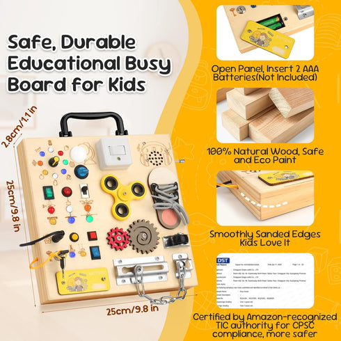 Wooden Busy Board with LED LightMontessori Baby Learning Toys for Toddlers , Sensory Activity Board , Travel