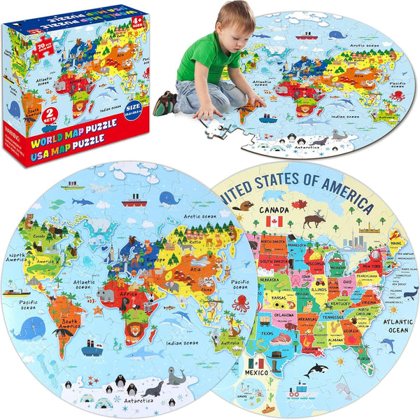 2 Sets Floor Puzzles World and United States Map Puzzles with Poster, Geography Educational Learning Toys for Kids 4-8