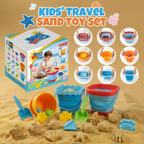 Cozycharm Set 3 3 3 9 Backpack Summer Beach Sand Toys for Toddlers, Portable Travel Beach Toys with Collapsible