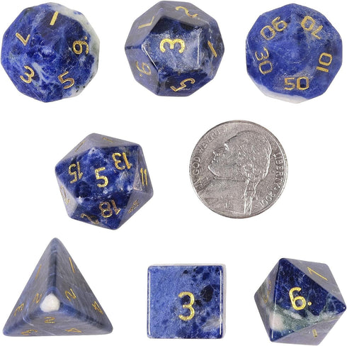 Amogeeli 7pcs Sodalite Hand-Carved Crystal DND Dice Set, Stone Polyhedral Rolling Kit for RPG MTG COC Table Game